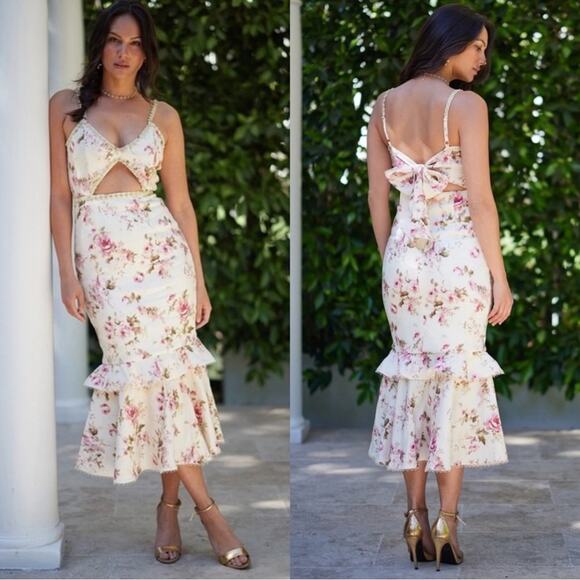 V. Chapman Luna Cutout Floral Tapestry Tiered Midi Dress Size 12 Pink Multi - Picture 1 of 7